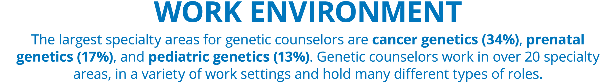 Work Environment The largest specialty areas for genetic counselors are cancer genetics (34%), prenatal genetics (17%...